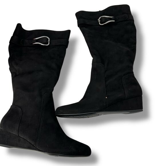 Impo Black Wedge Knee High Boots Size 7.5 Wide Width Wide Calf Tall Memory Foam - Picture 1 of 9